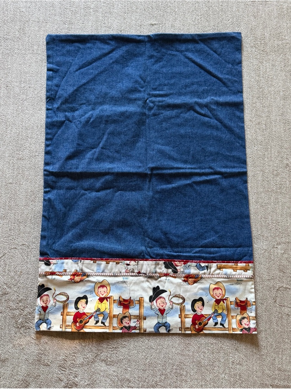 VTG Denim Blue Pillowcase with Playful Cowboy Border